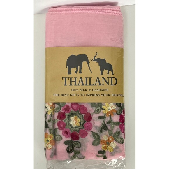 Thai Scarf Pink Embroidery Floral Edge Wrap Lightweight Shawl Romantic Fairy 74" - Picture 1 of 2